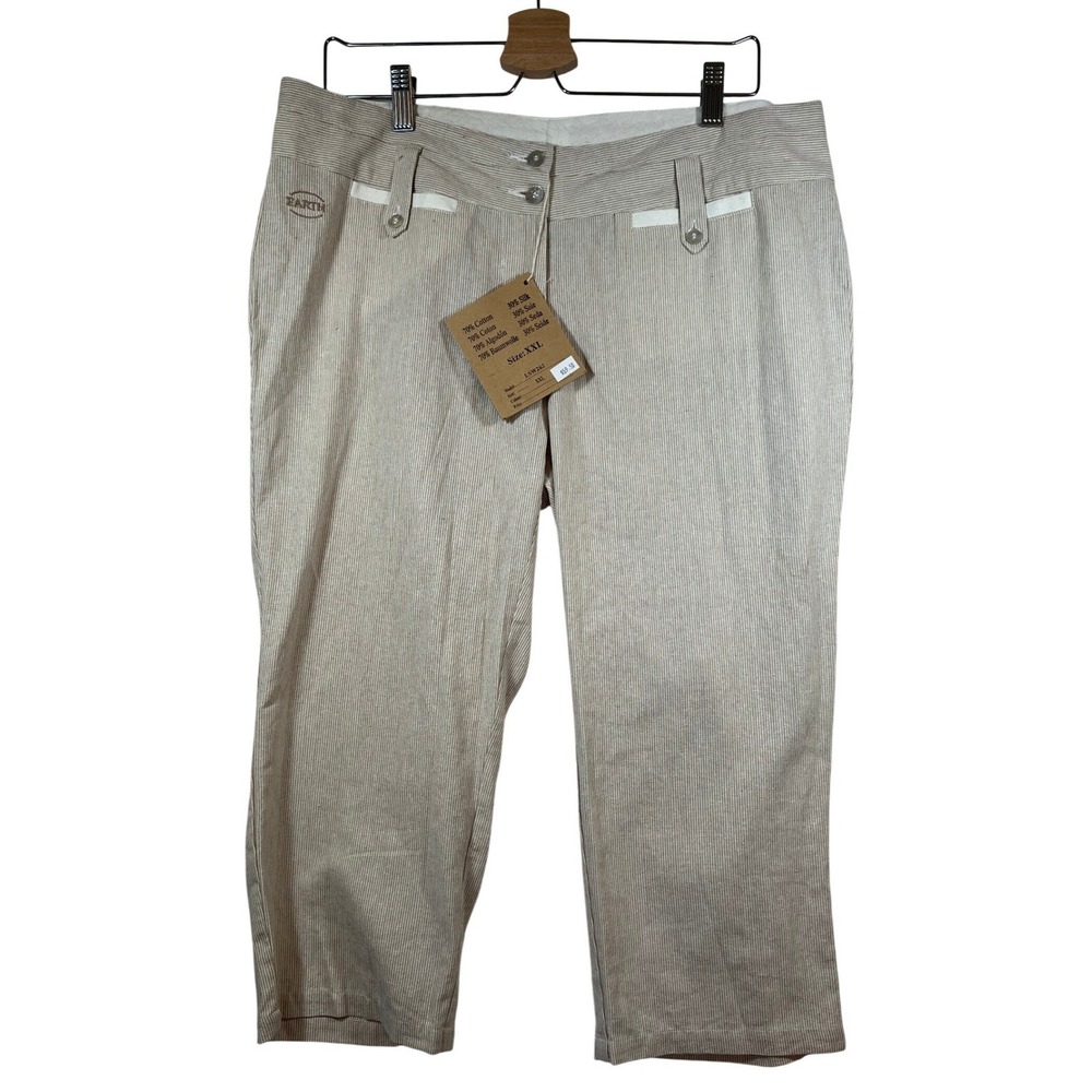 The Earth Collection‎ Cotton Silk Striped Capri Pants Beige White XXL NWT